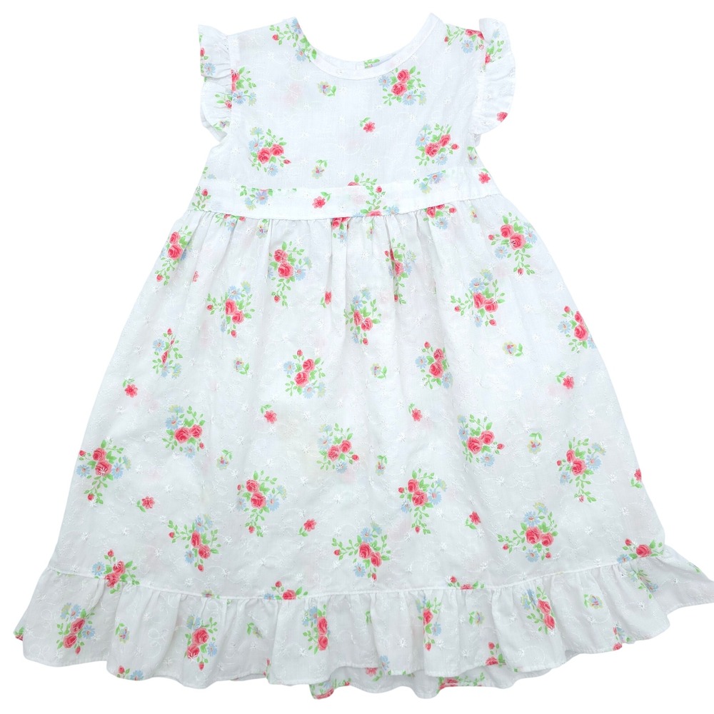 Okedokie Floral Eyelet Dress Toddler Girls White Pink Rose Ruffle 5T